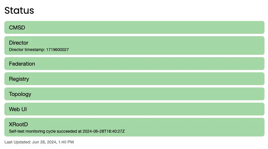 Screenshot of the Status panel on Pelican Origin website dashboard page