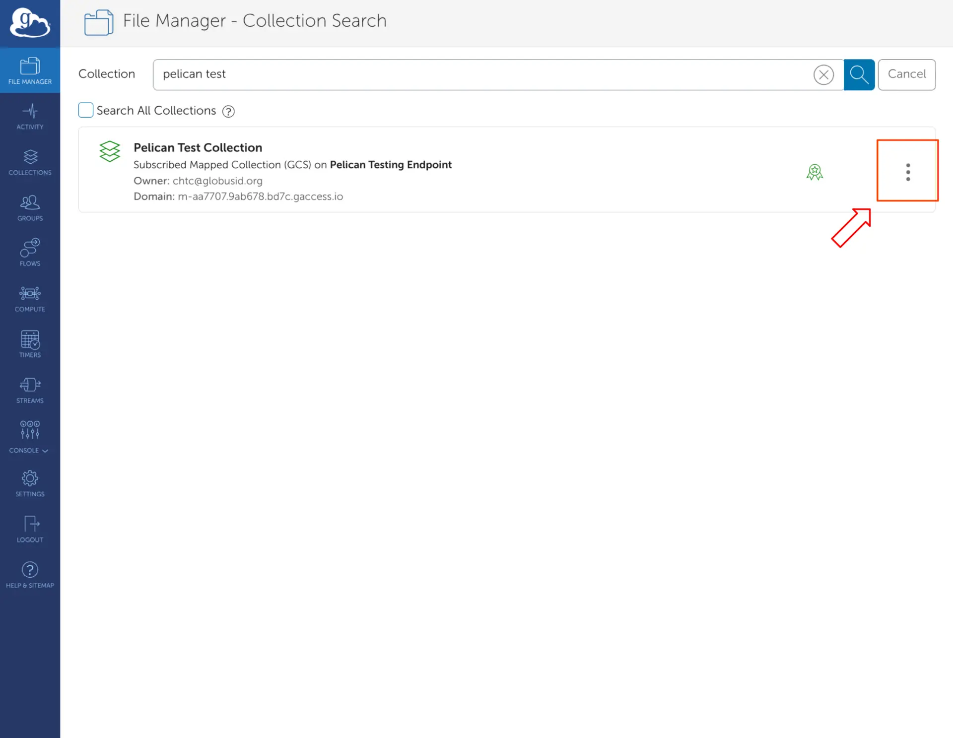 Globus File Manager Collection Search page showing how to locate a collection