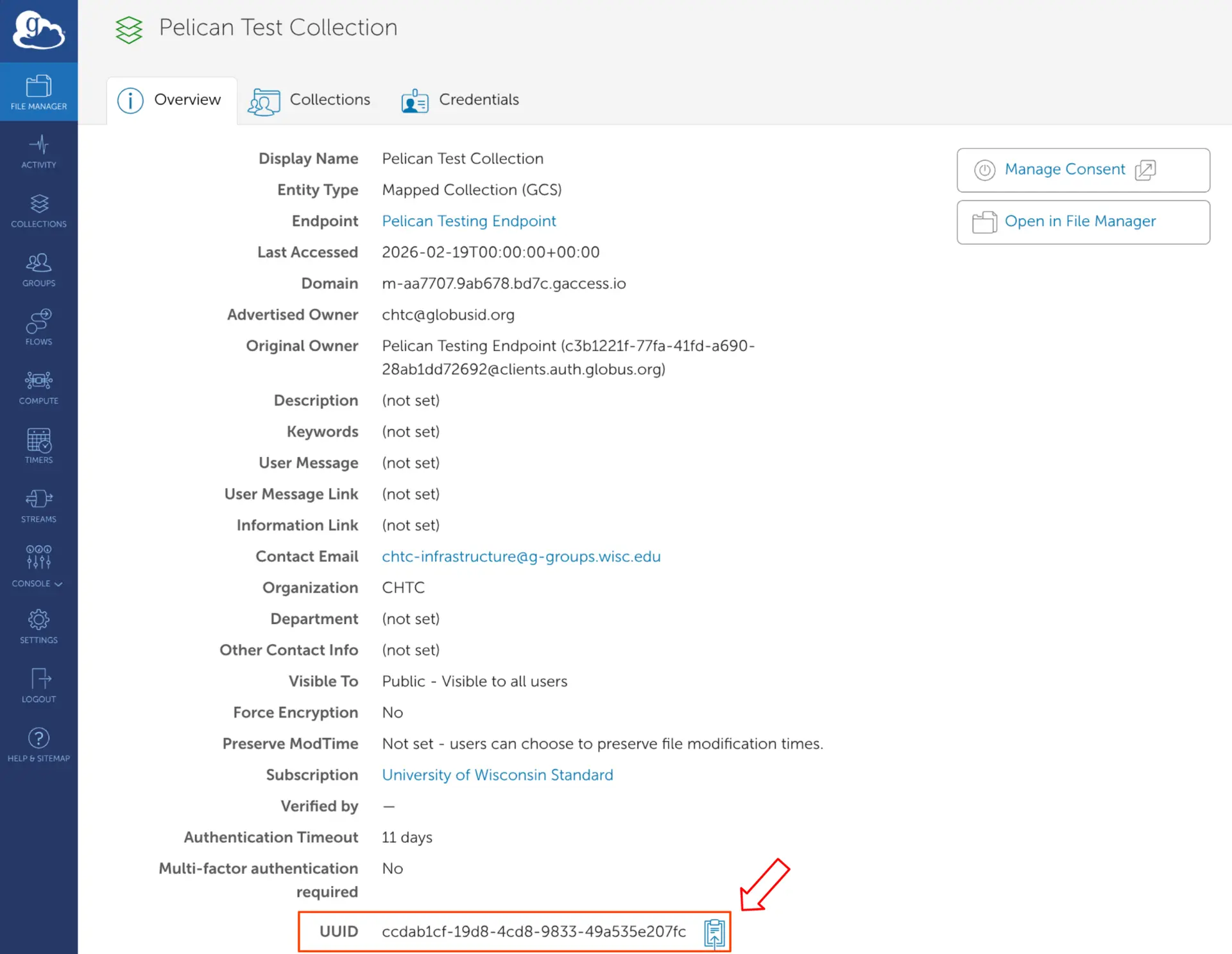 Globus Collection overview page showing where the collection UUID is displayed