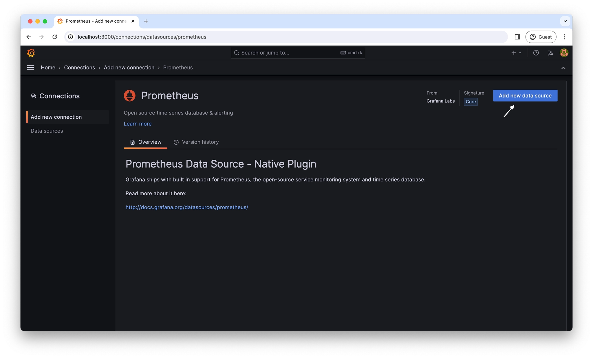 Screenshot of Grafana page to add Prometheus data source