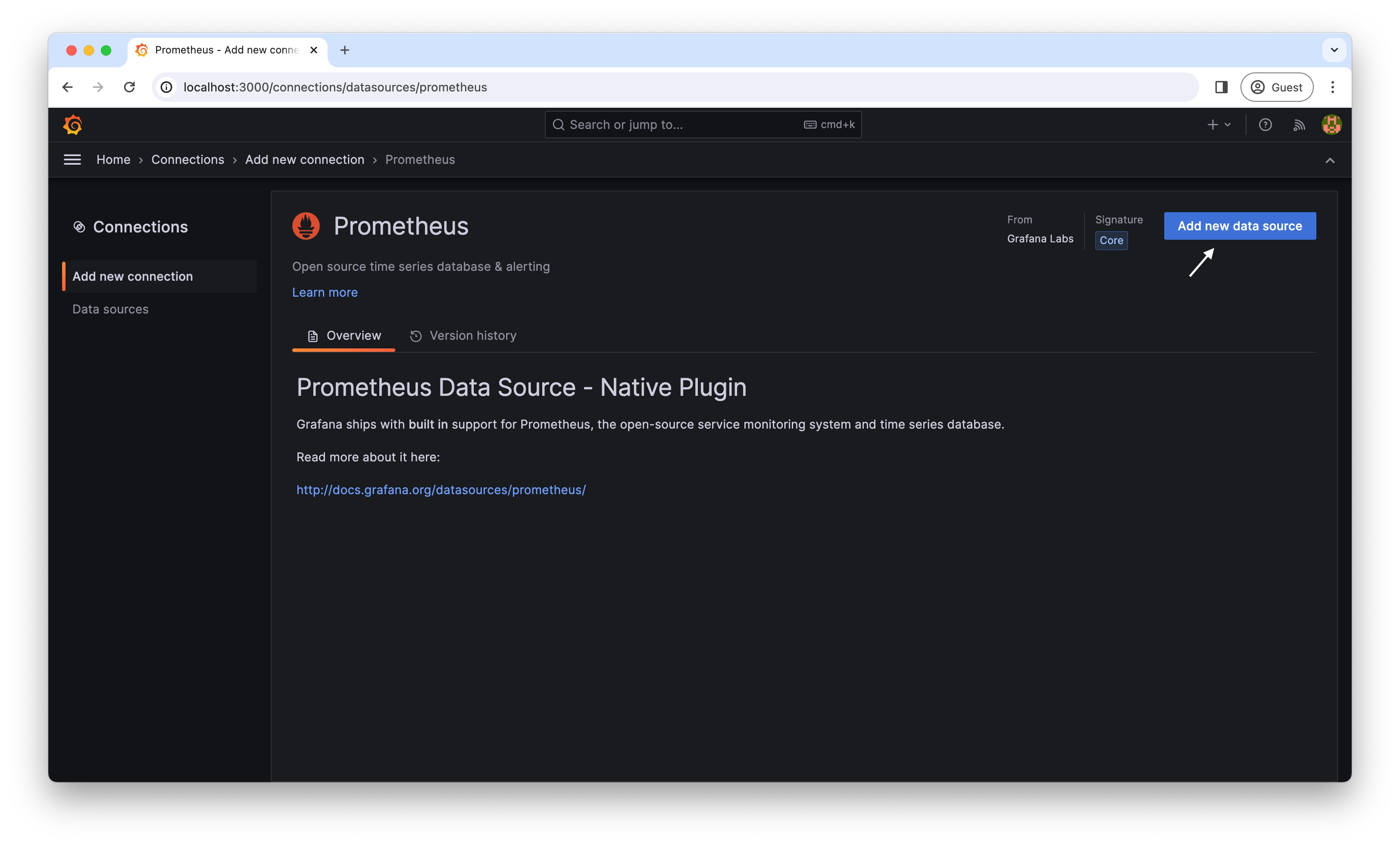 Screenshot of Grafana page to add Prometheus data source