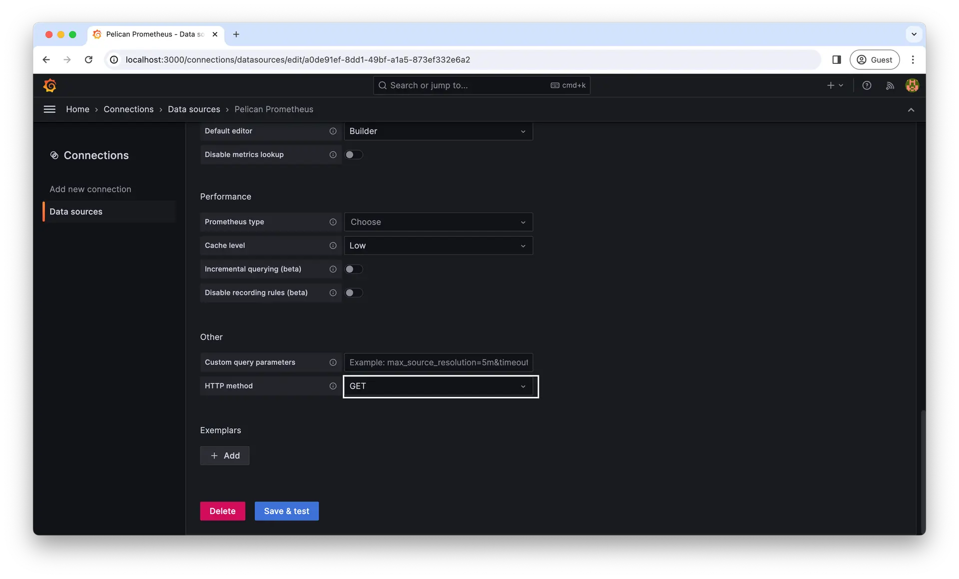 Screenshot of Grafana page to configure advanced settings of the data source