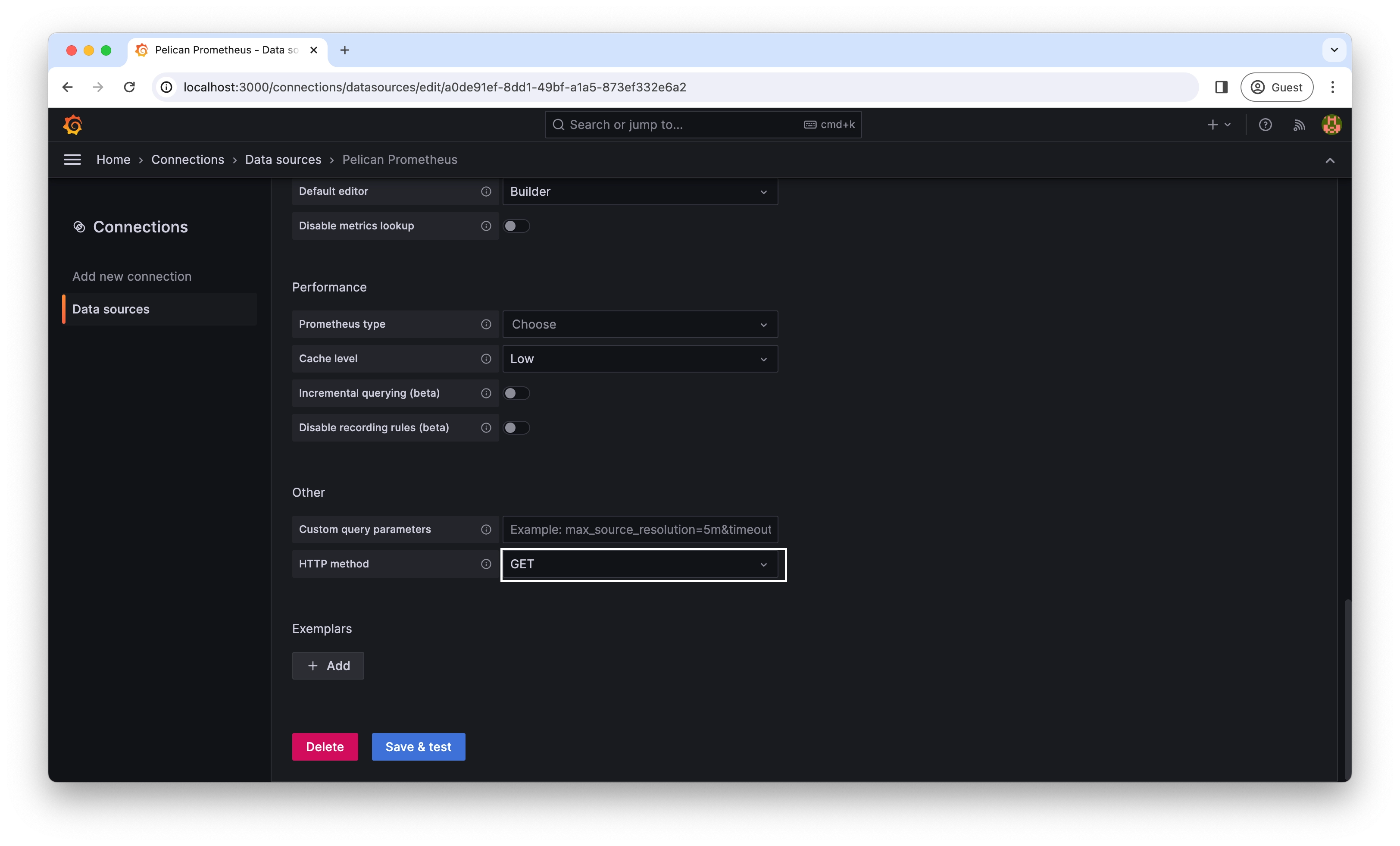 Screenshot of Grafana page to configure advanced settings of the data source