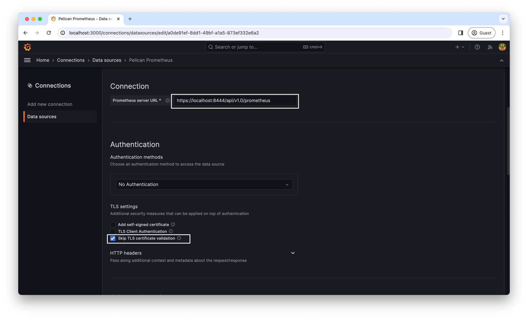 Screenshot of Grafana page to configure the data source