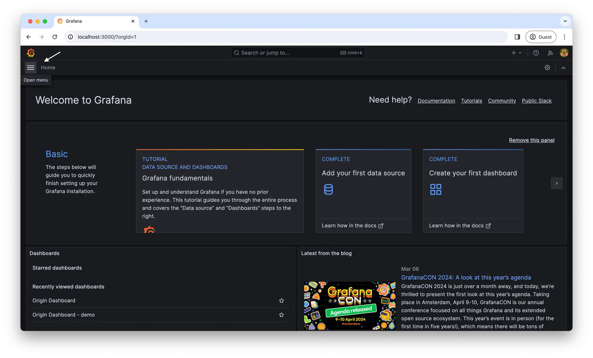 Screenshot of Grafana page to locate the menu