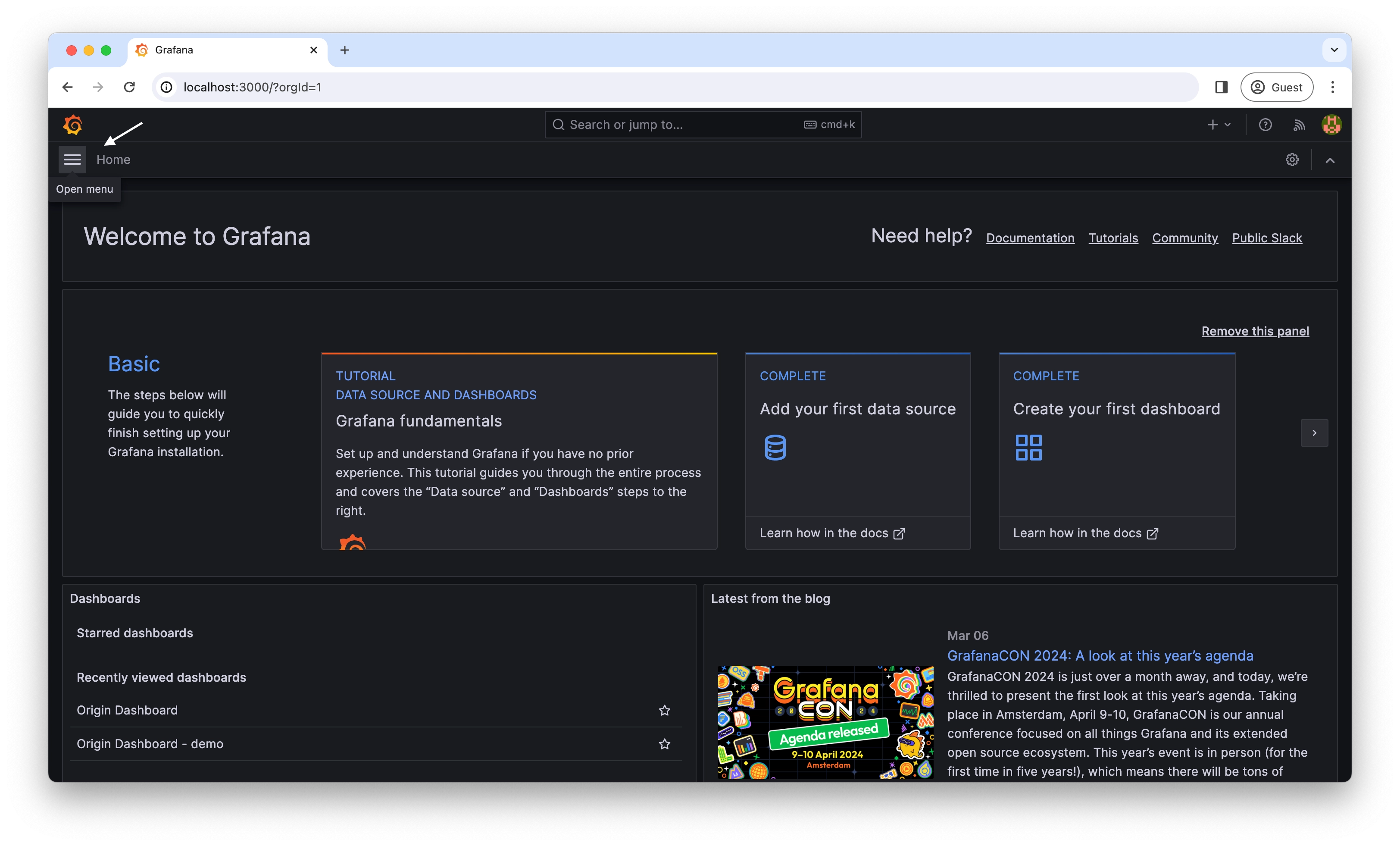 Screenshot of Grafana page to locate the menu