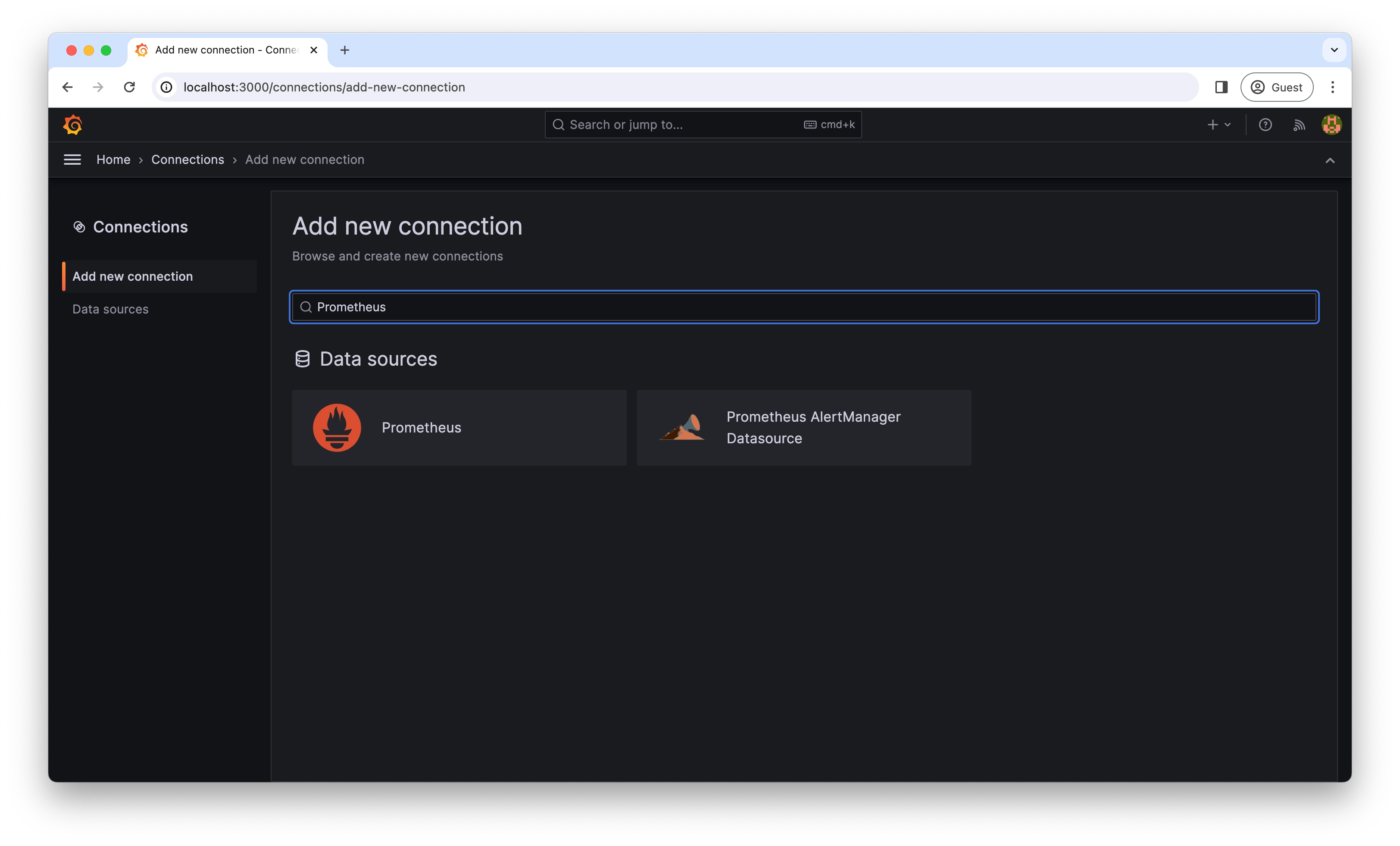 Screenshot of Grafana page to search for Prometheus