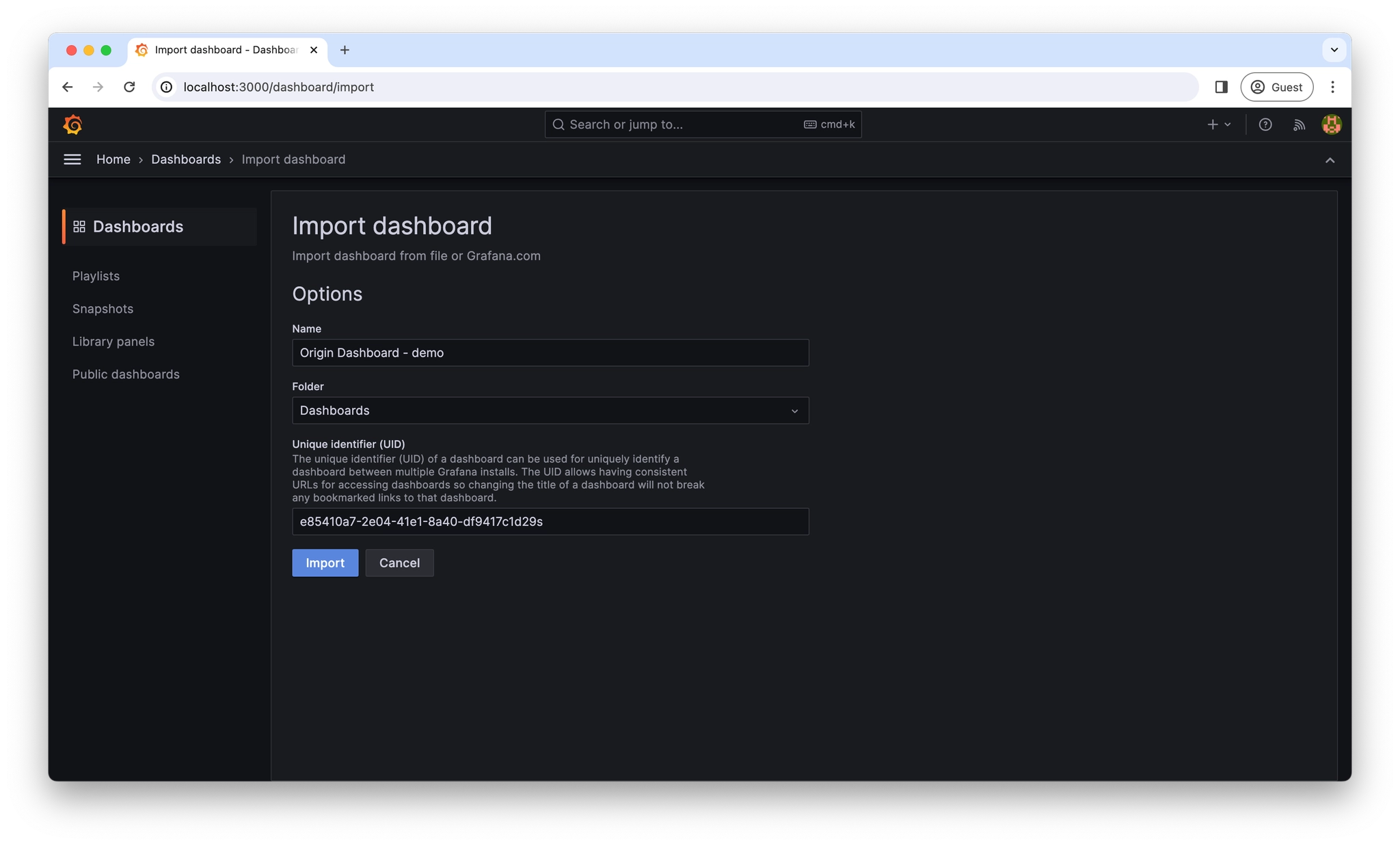 Screenshot of Grafana page to import dashboard