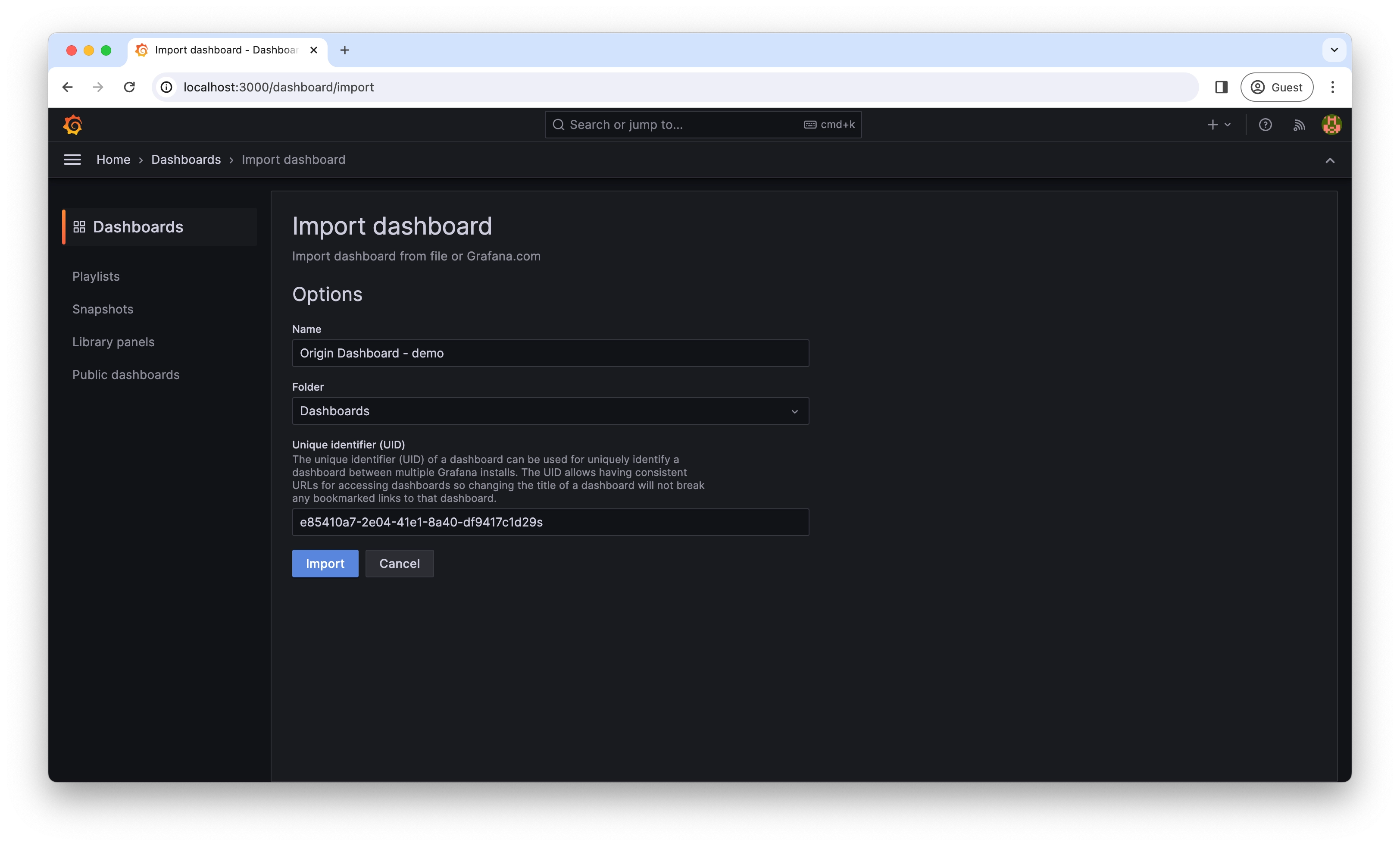 Screenshot of Grafana page to import dashboard
