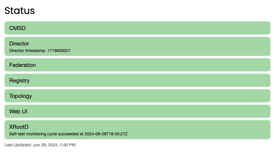 Screenshot of the Status panel on Pelican origin website dashboard page